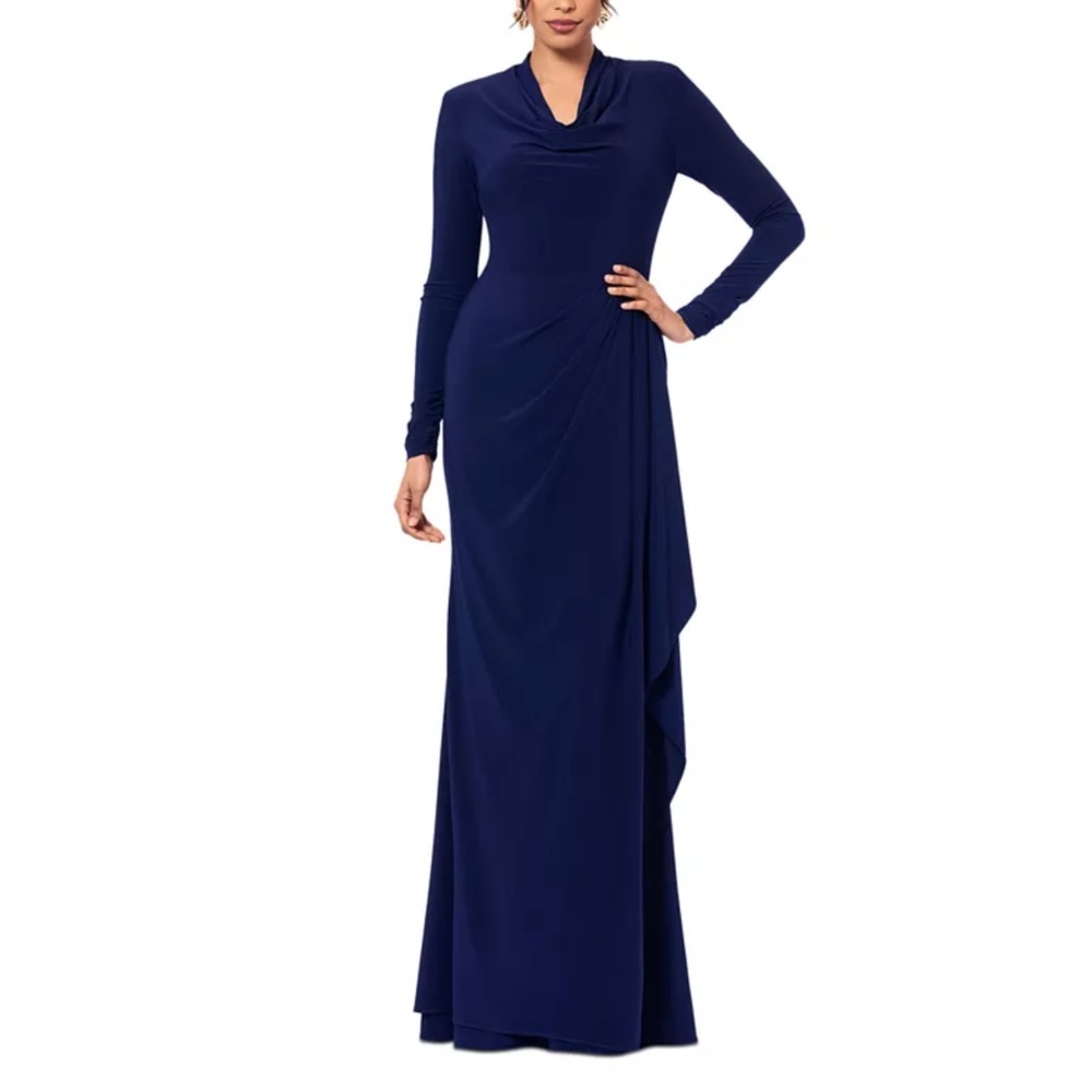 Betsy & Adam - Navy Cowlneck Draped Long Sleeve‎ Gown